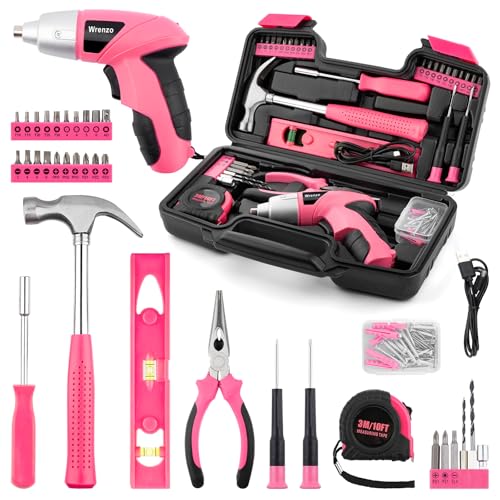 Drill Set,Cordless Drill,Small Tool Kit,112pc 3.6V USB Tool Set,Tool Kit for Dorm,Cordless & Rechargeable,Pink Home Toolbox for Women,DIY Toolbox