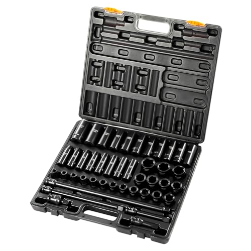 VEVOR Impact Socket Set, 1/2 Inches 43 Piece Impact Sockets, 1/2 Inches Drive Socket Set, High-torque Standard Socket Assortmen with 4 Extension Bars, 6-Point Sockets Metric 9-30mm (Standard/Deep) - style: 1/2" 43PCS