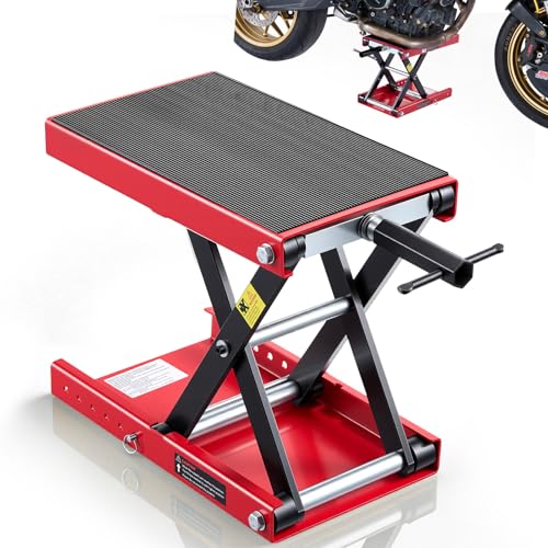 VEVOR Motorcycle Lift, 1100 lbs Motorcycle Scissor Lift Jack with Wide Deck & Lock Pin, 3.74"-13.38" Center Hoist Crank Stand, Steel Scissor Jack for Street Bikes, Cruiser Bikes, Touring, Red/Black - color: Red