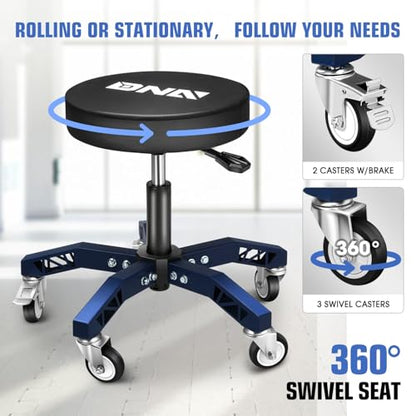 DNA Motoring Rolling Shop Stool, Adjustable Height Padded Rolling Seat, Pneumatic Roller Mechanic Stool for Garages, 300lbs Capacity, TOOLS-00635-BK-BL - style: 5 Wheel Blue