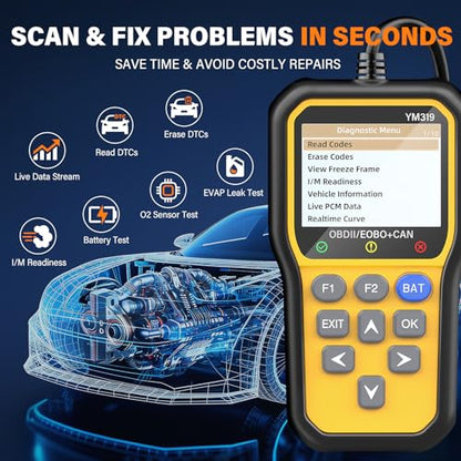 BluSon YM319 OBD2 Scanner Diagnostic Tool with Battery Tester, Check Engine Fault Code Reader with Live Data, Cloud Printing, DTC Lookup, Freeze Frame, Scan Tool for All OBDII Protocol Cars Since 1996 - color: Yellow