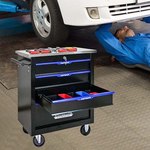 4 Drawer Heavy Duty Rolling Tool Chest, Mobile Metal Lockable Tool Cart with Stainless Steel Worktop, Garage Tool Storage Cabinet for Workshop Auto Repair, Black & Blue, 30.7" H × 25.9" W - size: 4 Drawers