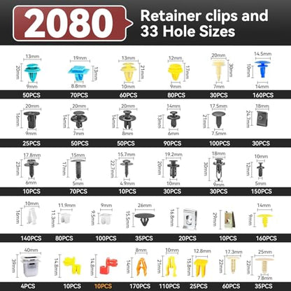 2080PCS Auto Retainer Clips Kit with Fastener Plier, Trim Removal Tools and 3-Layer Organizer Box, 33 Most Common Push Rivets for Car Bumper, Fender, Door Panel and Interior Repair - style: 2080pcs