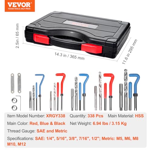VEVOR Helicoil Thread Repair Kit-338-Piece SAE HSS Drill Inserts Taps & Tools M5,M6,M8,M10,M12,1/4",5/16",3/8",7/16",1/2" Rethreading Tool Kit Insertion Rethreading Tools Universal Rethread Restorer - size: 338PCS, style: SAE&METRIC