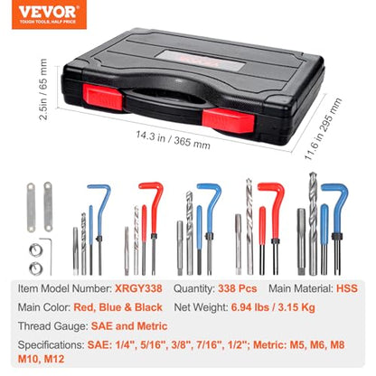 VEVOR Helicoil Thread Repair Kit-338-Piece SAE HSS Drill Inserts Taps & Tools M5,M6,M8,M10,M12,1/4",5/16",3/8",7/16",1/2" Rethreading Tool Kit Insertion Rethreading Tools Universal Rethread Restorer - size: 338PCS, style: SAE&METRIC