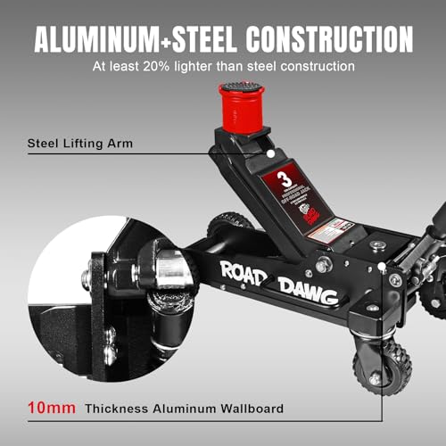 ROAD DAWG 3 Ton Big Wheel Off-Road Jack, Professional Aluminum and Steel Racing Floor Jack with Dual Pistons Quick Lift Pump, Lift for Trucks, SUVs, ATVs Off road Vehicles,6000lb Capacity, AT830006XDL