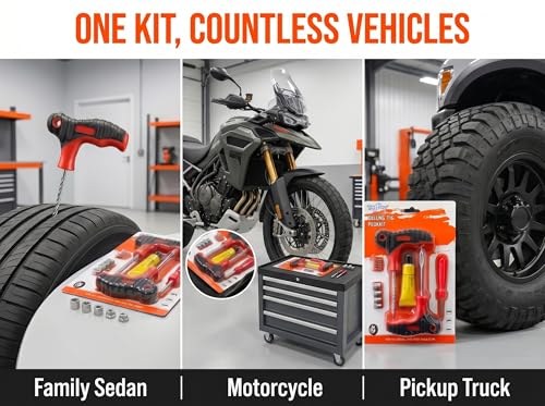 17 Pieces Tire Repair Kit with Plug Kit T Handle Tire Repair Tools to Fix Punctures and Plug Flats for Truck, Rv, SUV, ATV, Motorcycle, Car, Tractor, Trailer