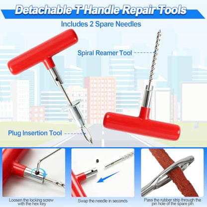 Tire Plug Kit, 130 PCS Tubeless Tire Repair Kit with Heavy-Duty Metal T-Handle Tools, Repair Strips, Screw-in Repair Plugs, Valve Stem Service Accessories & Hard Case for Car SUV Motorcycle ATV - color: 130Pcs Tire Repair Kit