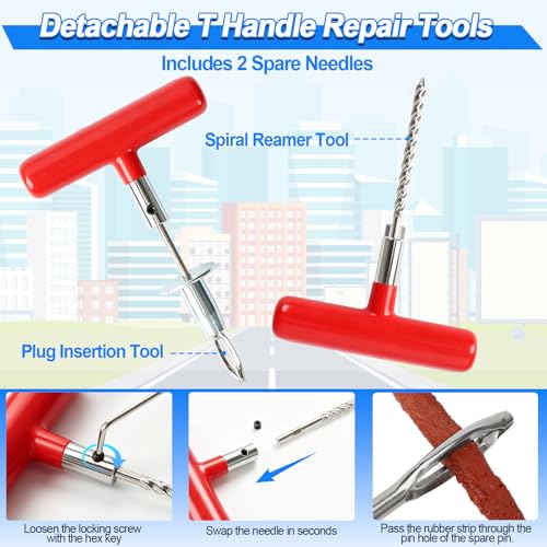Tire Plug Kit, 130 PCS Tubeless Tire Repair Kit with Heavy-Duty Metal T-Handle Tools, Repair Strips, Screw-in Repair Plugs, Valve Stem Service Accessories & Hard Case for Car SUV Motorcycle ATV - color: 130Pcs Tire Repair Kit