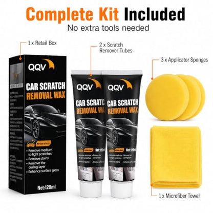 Car Scratch Remover Kit, Car Paint Scratch Repair for Light Scratches Swirl Marks Scuffs, Auto Scratch Remover with Sponge and Towel, Restores Gloss and Shine for All Paint Colors (2Pcs)