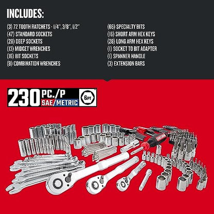 CRAFTSMAN Mechanics Tool Set, 230-Piece Hand Tool and Socket Set with 3-Drawer Tool Box (CMMT45305) - style: 230 Piece Set