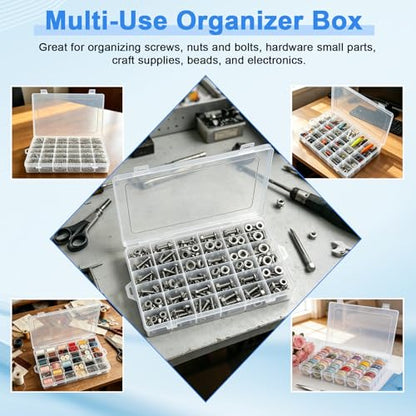 Screw Organizer Box, Organizing and Sorting Small Parts and Tools, 36 Grids Storage Container with Adjustable Dividers for Hardware, Screws, Nuts and Bolts, Beads and Fishing Accessories, Transparent
