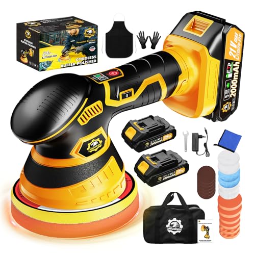 Cordless Car Buffer Polisher kit, DA Polisher with 2*21V Batteries | 2x 21V 2000mAh Batteries, 6-speed, LED Display, Random Orbital, 18 pcs Assorted Polishing Pads for Car Detailing-Yellow - color: Yellow