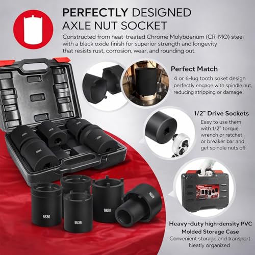 Spindle Nut Socket Tool Kit, 5Pcs Axle Hub Lock Nut Socket Set 1/2” Drive for Ford Dana 44/50/60, F250, F350, Chevy, GM, w/Storage Case, 648636 Lug Out Spindle Sockets Remover Installer Set