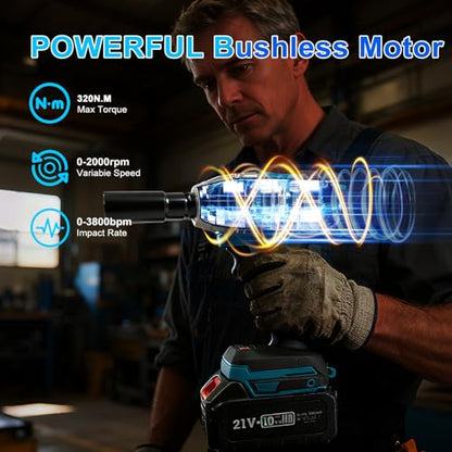 Cordless Impact Wrench, 1/2 Inch Brushless Impact Gun, 320N.m High Torque Impact Driver Set with 2 x 21V Batteries for Automotive/RV, Truck Repair & Maintenance