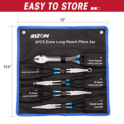 RIZOM 5-Piece 11 Inch Long Needle Nose Pliers Set, Extra Long Reach Pliers Set, 45°&90° Bent Needle Nose Pliers, Circle Nose and Diagonal Pliers for Narrow Spaces and Limited Areas - size: 5PCS
