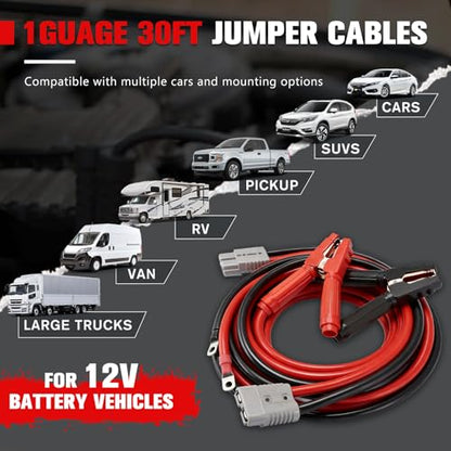 FIERYRED 1 Gauge 30 FT Quick Connect Jumper Cables, 1000A Heavy Duty Booster Cables with Travel Bag, Heavy Duty Battery Jumper Cable for Truck, Diesel Trucks, SUV and Car - size: 1 Gauge 30 FT w/Andersen Connector