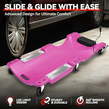 Auto Dynasty 40 Inches Mechanic Creeper, Automotive Garage Repair Low Profile Under Car Rolling Creeper with LED Light and Padded Headrest, Plastic, Purple - color: Purple, size: 40" L (w/LED Light)