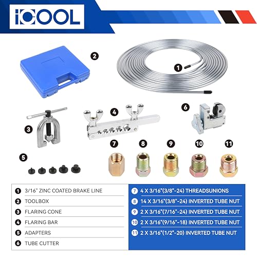 ICOOL 25 ft 3/16" Zinc Coated Brake Line Kit with Double & Single Flaring Tool Kit, Includes 20 Fittings and 4 Unions Brake Line Fittings