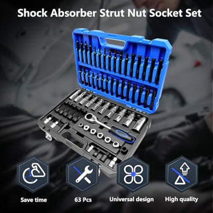 63PCS Shock Absorber Strut Nut Socket Set Master Suspension Strut Top Mount Nut Removal Install Tool with Strut Nut Socket Ratchet Adaptors - size: 63 Pcs