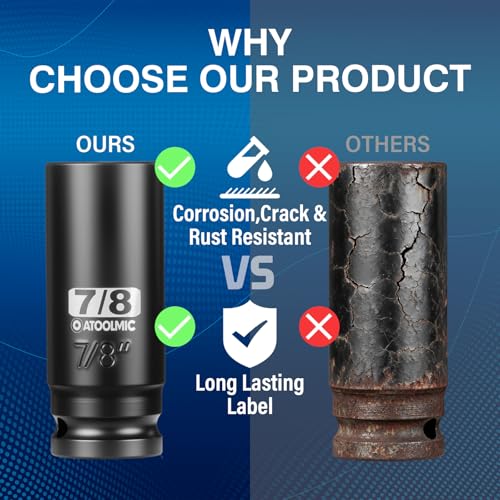 1/2" Drive x 7/8 Inch Deep 6PT CR-MO Impact Socket for Removing Axle nut | SAE Socket,6-Point Radius Corner Design,Two Size Markings,Square Chamfered Opening,For Removal of Axle Nut - size: 7/8 Inch, style: 1/2" Drive Deep Socket