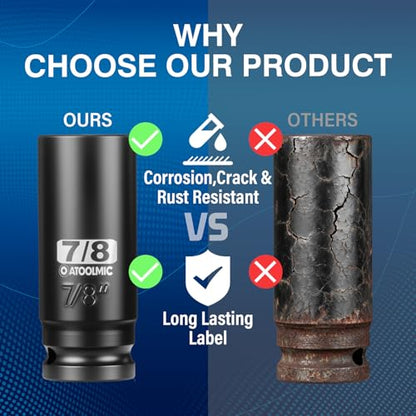 1/2" Drive x 7/8 Inch Deep 6PT CR-MO Impact Socket for Removing Axle nut | SAE Socket,6-Point Radius Corner Design,Two Size Markings,Square Chamfered Opening,For Removal of Axle Nut - size: 7/8 Inch, style: 1/2" Drive Deep Socket