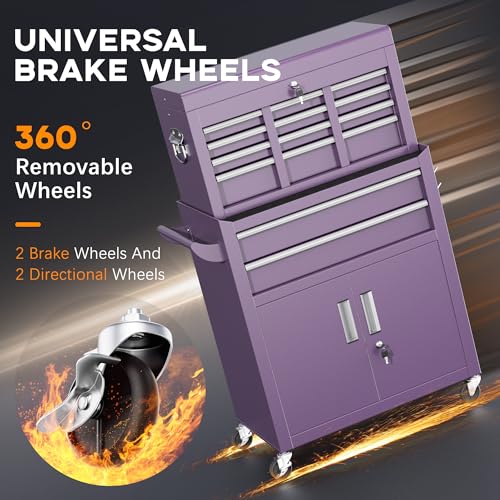 INTERGREAT Tool Chest, Assembled 8-Drawers Rolling Tool Chest with Wheels, Detachable Top Tool Box, Tool Cabinet for Repair Room,Warehouse, Rolling Tool Box with Hooks,Tray Divider,Liners(Purple) - color: Purple, size: 8 Drawers