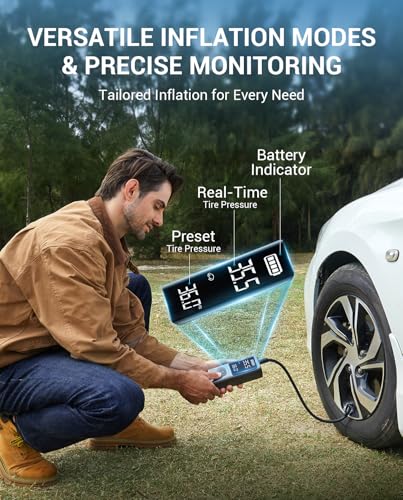 AVAPOW Portable Tire Inflator, 150 PSI Cordless Air Compressor with Digital Gauge, 3.7″ LCD, Auto Shut-Off, Fast Inflation, USB-C Rechargeable PD 20W for Cars, Bikes, Motorcycle & Emergencies | Digital Gauge, 3.7" LCD, Auto Shut-Off, Fast Inflation, USB-C