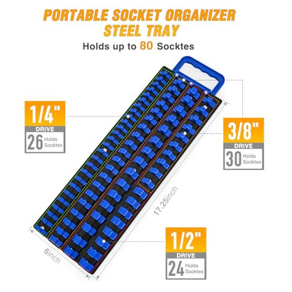 GOOACC Socket Organizer Tray 1/4 inch 3/8 inch 1/2 inch Socket Holder Portable Socket Rail Organizer Trays for Tool Box Drawer Holds 80-Piece SAE Metric Socket Sets, 1Pcs Set Black Rails Blue Clips - size: 1 Set Tray 1/4"3/8"1/2" Blue
