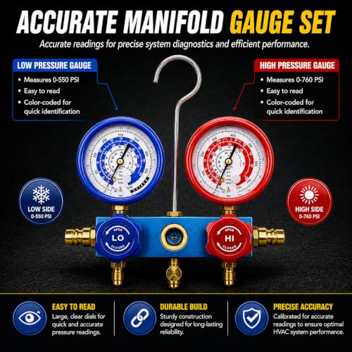XtremepowerUS 4 CFM HVAC Vacuum Pump Kit with R134a R22 R32 R410A Manifold Gauge Set, Leak Detector, R134a Quick Couplers, Can Tap & Carry Bag for AC Refrigeration Recharge - size: 4.0CFM