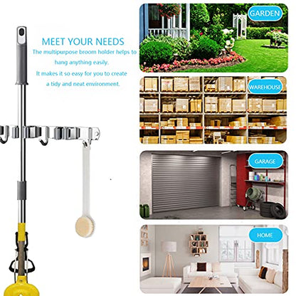 Broom and Mop Holder Wall Mounted, Broom Hanger Storage Rack, Stainless Steel Mop Hanger, Dustpan Holders with 2 Racks and 3 Hooks, Heavy Duty utility hooks for hanging brooms and mops