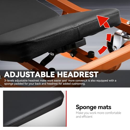 Auto Dynasty 42.5 Inches Mechanic Creeper, Automotive Garage Repair Low Profile Under Car Rolling Creeper with 3-Level Adjustable Padded Headrest and Side Tool Tray, Steel, Orange - color: Orange