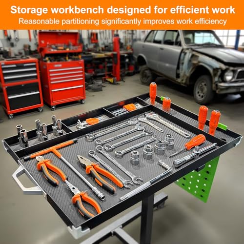 Adjustable Height Mobile Work Table with Rolling Wheels | Rolling Tray Table, For Mechanics, Garages, Repair Shops, Warehouse, Workshop, DIY