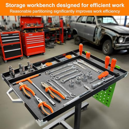 Adjustable Height Mobile Work Table with Rolling Wheels | Rolling Tray Table, For Mechanics, Garages, Repair Shops, Warehouse, Workshop, DIY