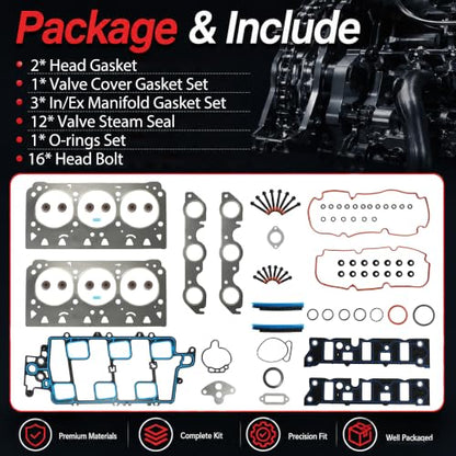 3.8L V6 Cylinder Head Gasket with Bolts Set | Fit For Park Avenue Buick Regal Chevy Impala Monte Oldsmobile Pontiac 3.8L 1997-2005 OE#HS9917PT-3 ES74033 - color: For GM 3.8L 1997-2005