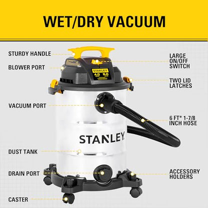 STANLEY 8 Gallon Wet Dry Vacuum, 4 Peak HP Portable Shop Vacuum with Drain Port & Blower, Industrial Wet Dry Vacuum Cleaner, Stainless Steel Tank for Garage, Workshop, Car Detailing, Jobsite, SL18117
