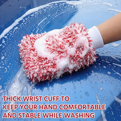 4 Pack Microfiber Car Wash Mitts Set 10x7 Inch Soft Suede Lining Car Wash Gloves, Highly Absorbent Scratch-Free Cleaning Cloths for Auto Detailing, Safe with All Soaps, Bucket (Red) - color: Red
