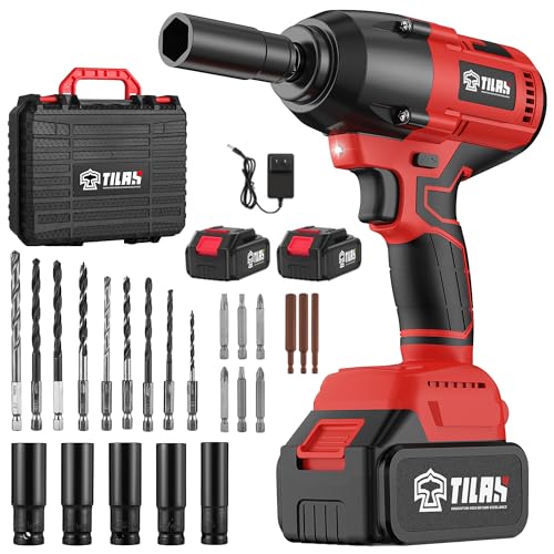 Cordless Impact Wrench 560Ft-lbs(750N.m) 1/2 inch High Torque 21V 2x 4.0Ah Battery Electric Power Impact Gun Brushless Motor 2300RPM Speed Fast Charger 5 Sockets for Car Lug Nuts - color: Red