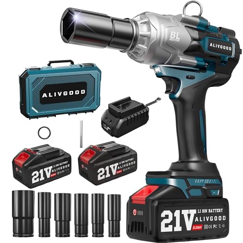 Upgrade 1300N.m/1000Ft-lbs Cordless Impact Wrench, 2x 5.0AH Battery, 1/2 Inch Electric Impact Gun, Fast Charger, Power Impact Wrench for Truck RV Heavy-duty with 5 Sockets(17mm,19mm,21mm,24mm,32mm) - style: 1300N.m/1000Ft-lbs