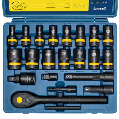 YIYEIE 22-Piece Bolt Nut Extractor Socket Set, 1/2" Drive Wheel Lock Removal Kit with Ratchet Wrench, Locking Lug Nut Removal Tool for Stripped, Rounded, Damaged Bolts (8mm-27mm | 5/16" to 1")