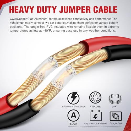 Nilight Jumper Cables for Car Battery 4 Gauge 20 FT Booster Cable Heavy Duty 600 A CCA with Carrying Bag Jump Start Emergency Kit Pickup Truck RV Vans SUV - size: 4 Guage 20 FT