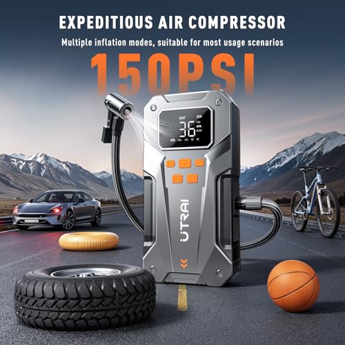 UTRAI 5500A 150PSI Jump Starter with Air Compressor, 12V Portable Jump Box (All Gas/10L Diesel), Jump Pack with LED Light, Car Jumper with Jumper Cables, Storage Case Included - color: Silver