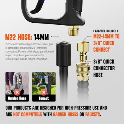Short Pressure Washer Gun, 4000 PIS Power Washer Gun Car Washing | Stubby High Pressure Washer Gun, M22-14mm, 3/8" Male Plug, 1/4" Quick Connect, 5 Spray Nozzle, Car Wash Gun for Foam Cannon - color: Black-Fixed Inlet