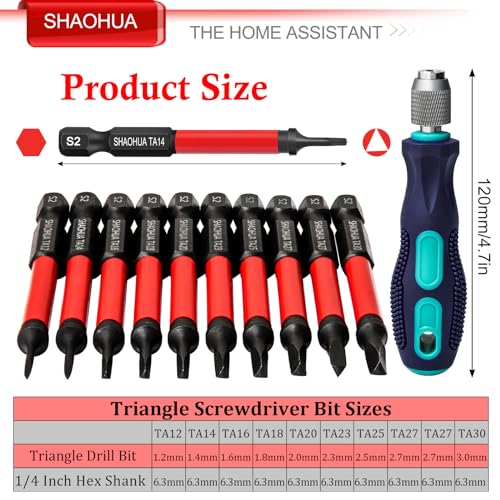 Triangle Screwdriver Bits w/1/4" Quick Change Bit Driver, 10PCS Upgraded S2 Steel Impact Triangle Drill Bit Set Size TA12/14/16/18/20/23/25/27(x2)/30, 2.55'' Triangle Bit Set, Triangle Screwdriver Set - style: E. Triangle Screwdriver Bits