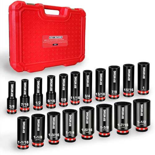 19pcs 1/2" SAE Impact Socket Set, Deep Sockets 3/8"- 1-1/2", 6 Point Cr-MO, 1/2 Inches Drive Impact Socket Set,Storage Case - size: 1/2 19PCS Socket Set SAE