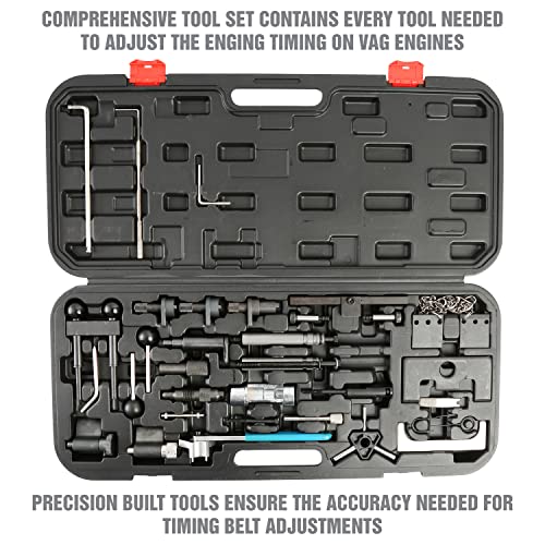 OEMTOOLS 27404 Engine Timing Tool Set for VAG, 37 Piece Engine Timing Locking Tool Kit, for VW and Audi, Timing Tool Kit with Belt Tensioner Tool, Cam Pulley Holder, Camshaft Adjuster