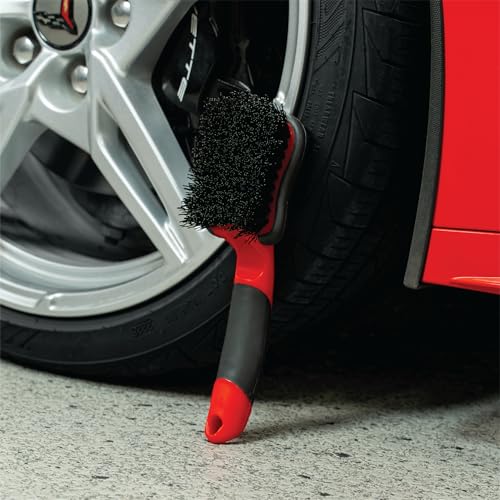 Mothers Tire Brush and Wheel Cleaning Brush for Car Detailing, Stiff Bristles for Tires, Wheels & Rubber Sidewalls, Ergonomic Non-Slip Handle, Car Wash Brush for Auto, Motorcycle, RV & Truck, Red