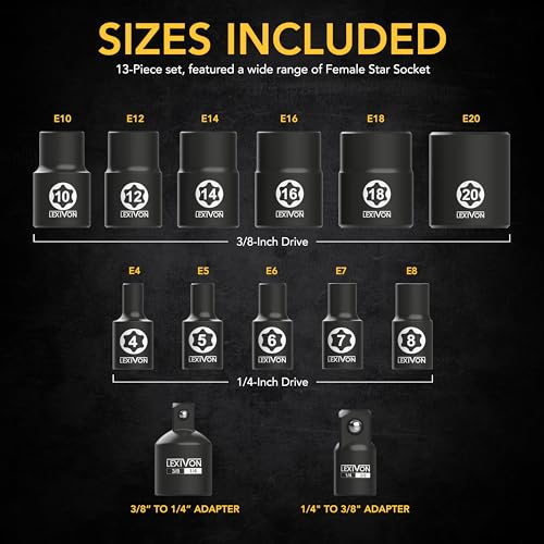 LEXIVON E-TORX Socket Set, Chrome Vanadium Alloy Steel | 13-Piece Female Star Socket E4 - E20 Set | Enhanced Storage Case (LX-147)