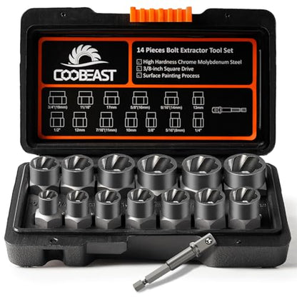 Coobeast Bolt Extractor Set Heavy Duty, 13Pcs Bolt Extractor Kit with 3/8 Inch Adapter, Stripped Lug Nut Remover, Easy Out Bolt Remover Set for Rusted, Rounded, Damaged Nuts Screws - size: 14 PCS