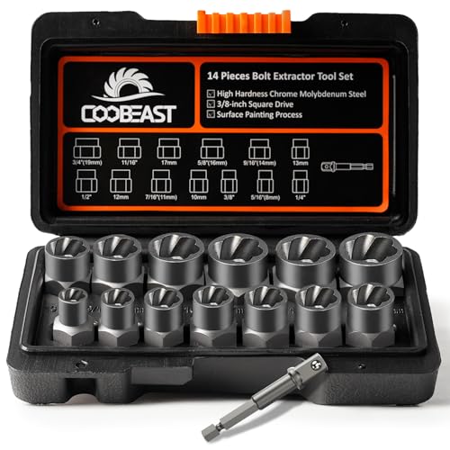 Coobeast Bolt Extractor Set Heavy Duty, 13Pcs Bolt Extractor Kit with 3/8 Inch Adapter, Stripped Lug Nut Remover, Easy Out Bolt Remover Set for Rusted, Rounded, Damaged Nuts Screws - size: 14 PCS